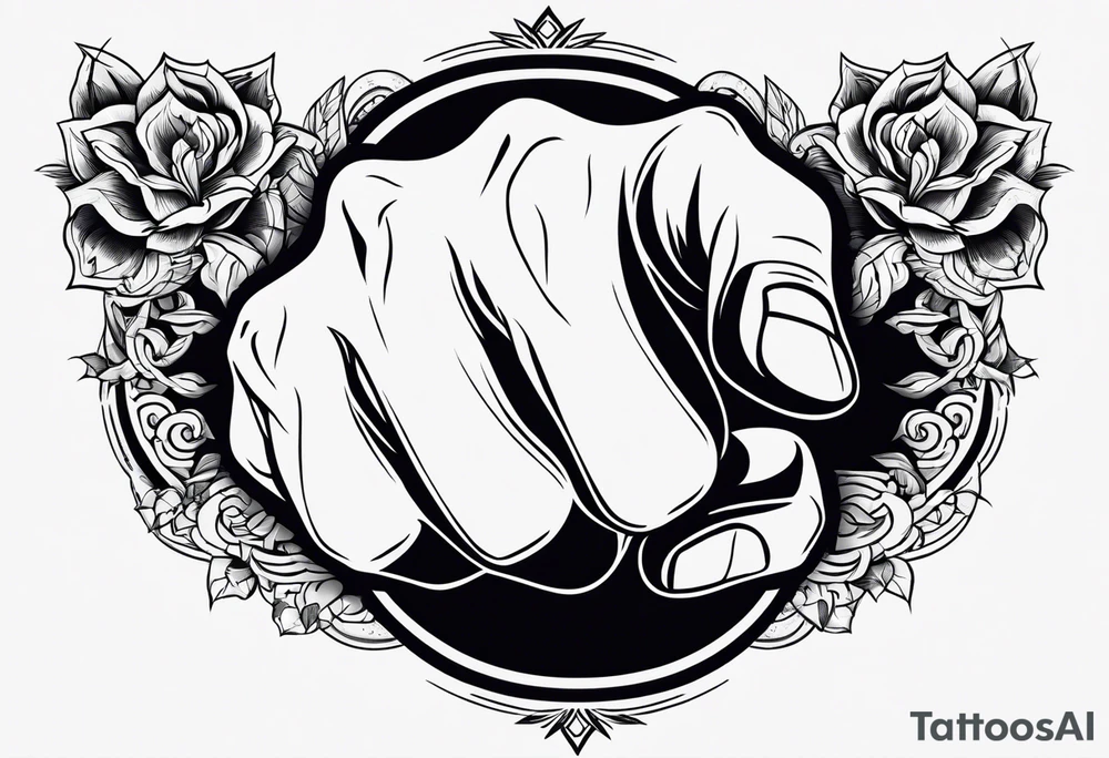 A clenched fist, the hand contains five fingers as specified, the tattoo is a back tattoo using negative space drawing techniques tattoo idea