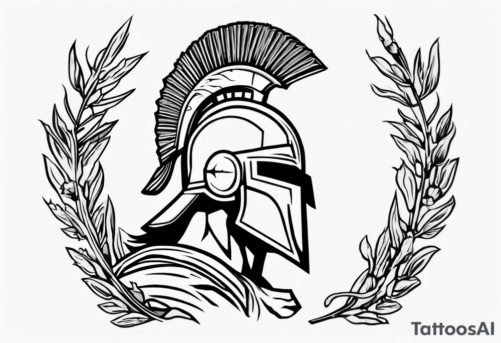 rectangular landscape format ultra-fine line linework vector of a spartan from the side, spartan spear, spartan shield, laurel wreath tattoo idea