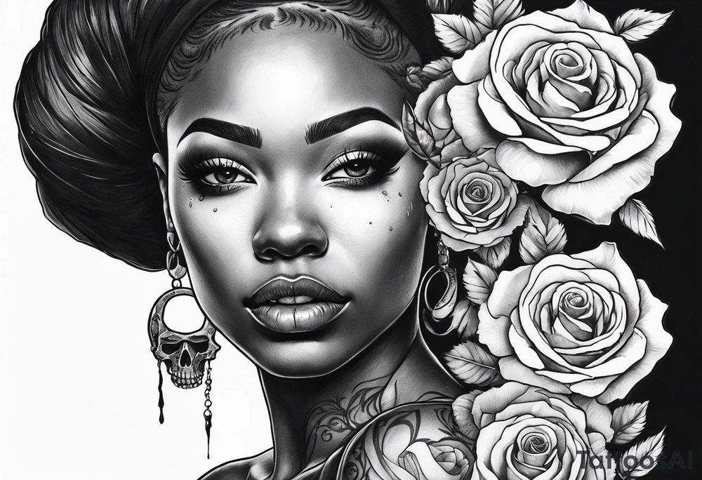 black women with no eyes facing side ways with a skull, roses and burning candle in her hand tattoo tattoo idea