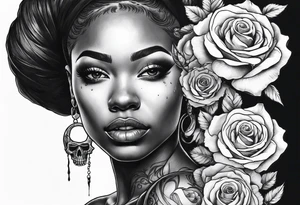 black women with no eyes facing side ways with a  skull, roses and burning candle in her hand tattoo tattoo idea