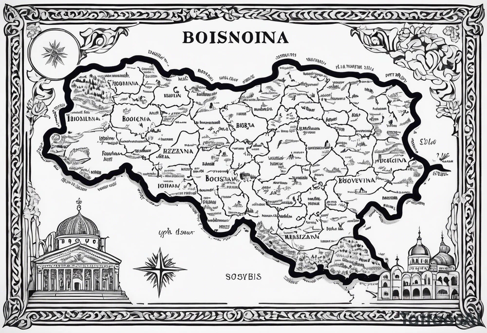 Bosnian Borders:
"Let the outline of Bosnia and Herzegovina’s borders be the central focus of the tattoo. Use thin lines to draw the country’s shape, making it clear and elegant."
"Place the map centrally, symbolizing your connection to the homeland." tattoo idea