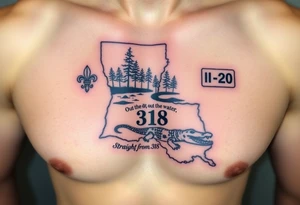 Louisiana state outline with fleur-de-lis, a bayou with a gator and trees , the 318 area code and and quote that says  Out the dirt, out the water, straight from 318 , a sign that says I- 20 tattoo idea
