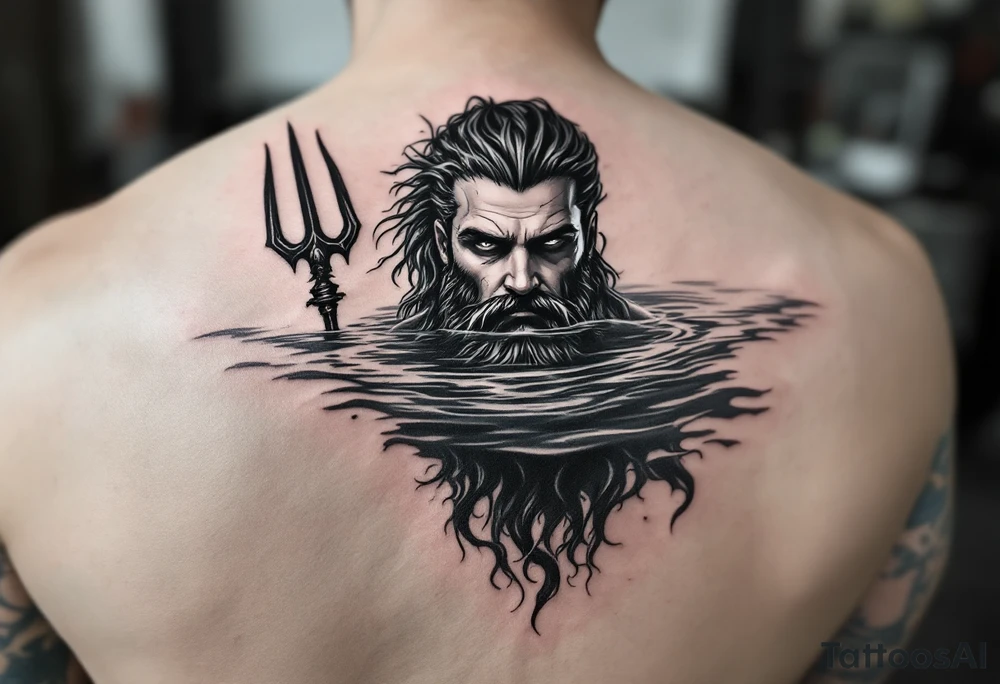 Poseidon half way under calm water with trident tattoo idea