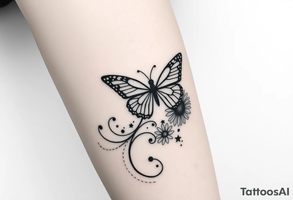 swirl pattern with butterfly and daisy leg tattoo design drawon on leg. i want to sell this in zepeto i want it too be shown on thigh to ankle and be asymmetrical please also show the overall image of total leg too 

ㅁ tattoo idea