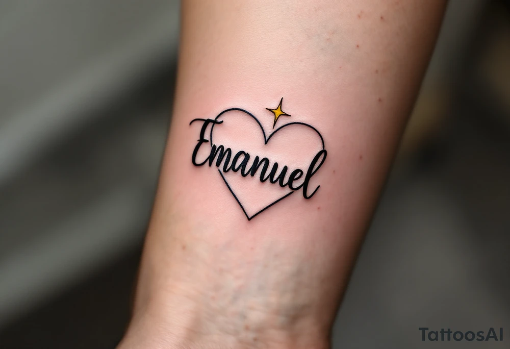 A fine-line heart in black, with the name "Emanuel" scripted inside in a rich gold font, paired with a small, soft yellow star to symbolize guidance. tattoo idea