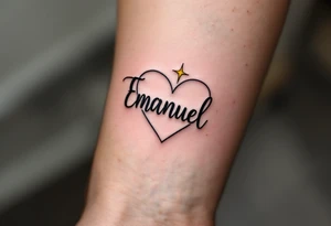 A fine-line heart in black, with the name "Emanuel" scripted inside in a rich gold font, paired with a small, soft yellow star to symbolize guidance. tattoo idea