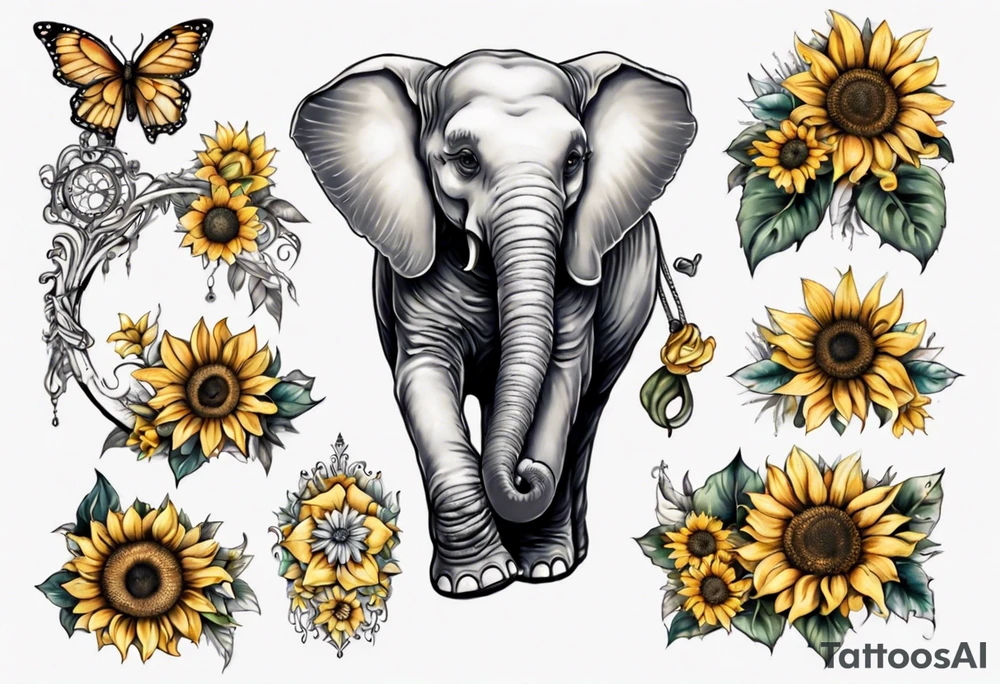 Under boob sternum baby elephant with sunflowers tattoo idea
