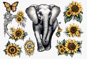 Under boob sternum baby elephant with sunflowers tattoo idea