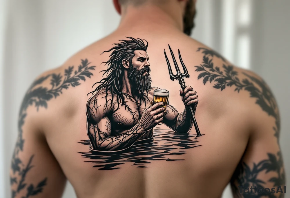 young, happy, fit poseidon in calm water, holding a trident, drinking a beer, with sunset, with ski boat tattoo idea