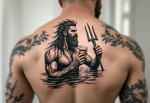 young, happy, fit poseidon in calm water, holding a trident, drinking a beer, with sunset, with ski boat tattoo idea
