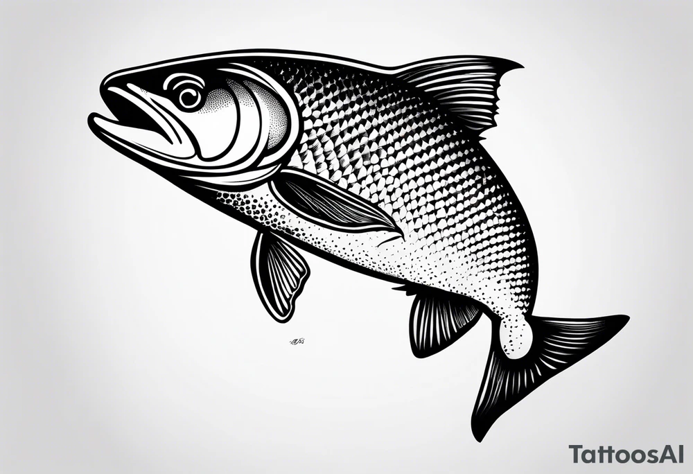 A small tattoo featuring a trout as the main theme, using only color combinations. Minimalistic, tatoo, in artistic or geometric design tattoo idea