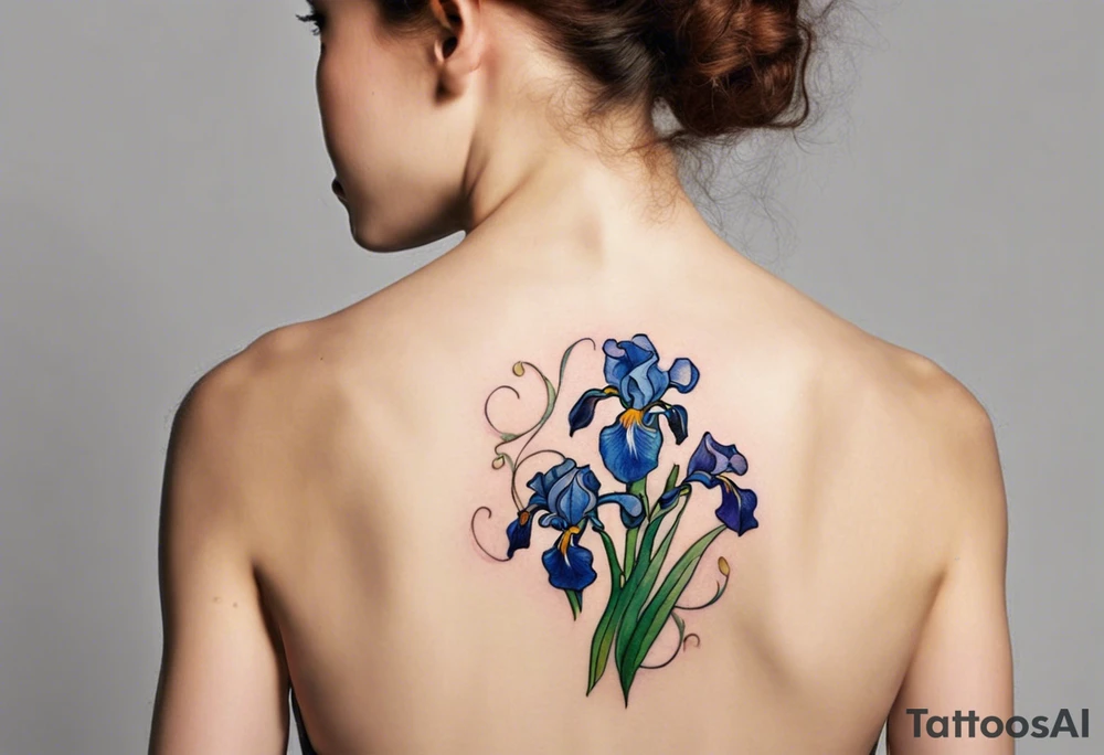 Create a small Vincent van Gogh Irises tattoo. The tattoo should take the form of a crescent, with vines gracefully intertwining at a central point in the middle of the wreath. Ensure that the design avoids the appearance of a bush and maintains a more structured and deliberate arrangement. The intended placement is on the upper chest. The overall design should be small in size while maintaining a delicate and artistic aesthetic. Pay attention to the graceful flow of the vines and the placement of the irises to achieve a refined and elegant look. tattoo idea