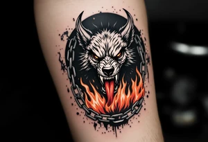 Hellhound with chains and fire – A snarling, three-headed dog surrounded by chains and licking flames, in black, burnt orange, and blood red. tattoo idea