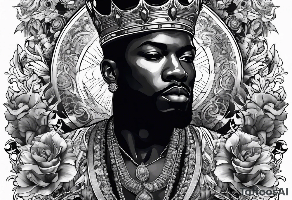 A black king surrounded by music tattoo idea
