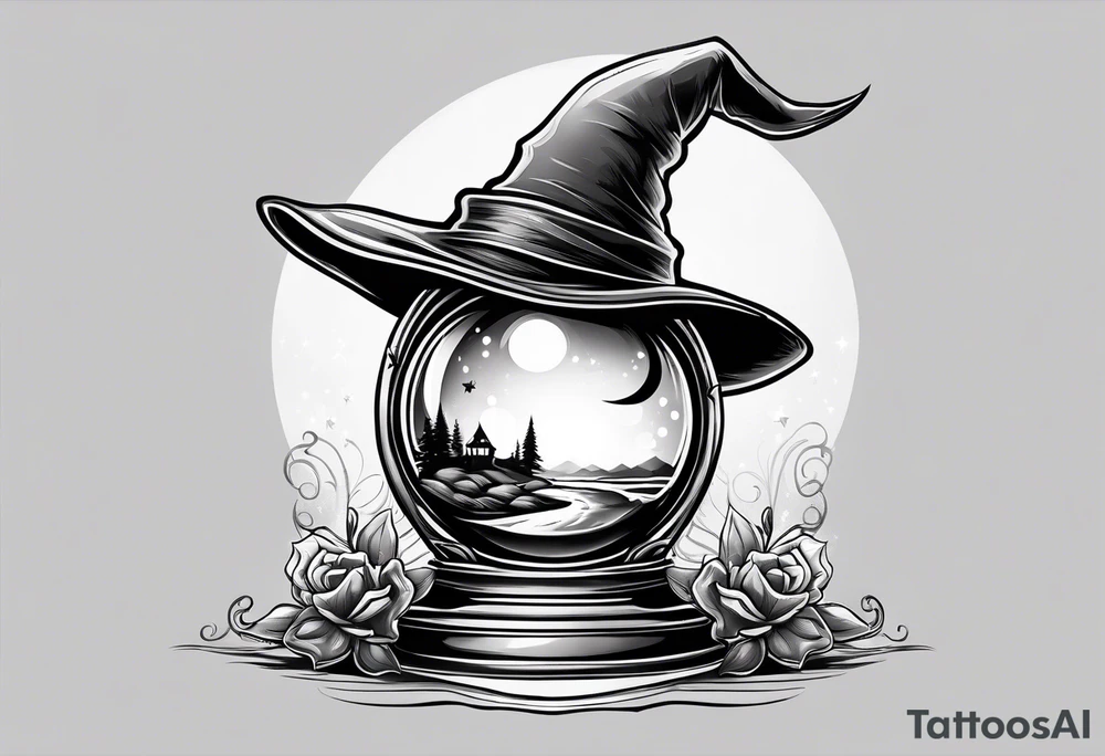 Witch hat sitting on top of a crystal ball tattoo idea