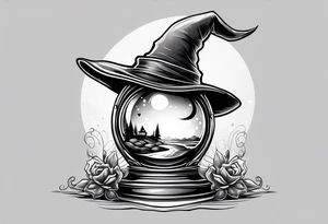 Witch hat sitting on top of a crystal ball tattoo idea