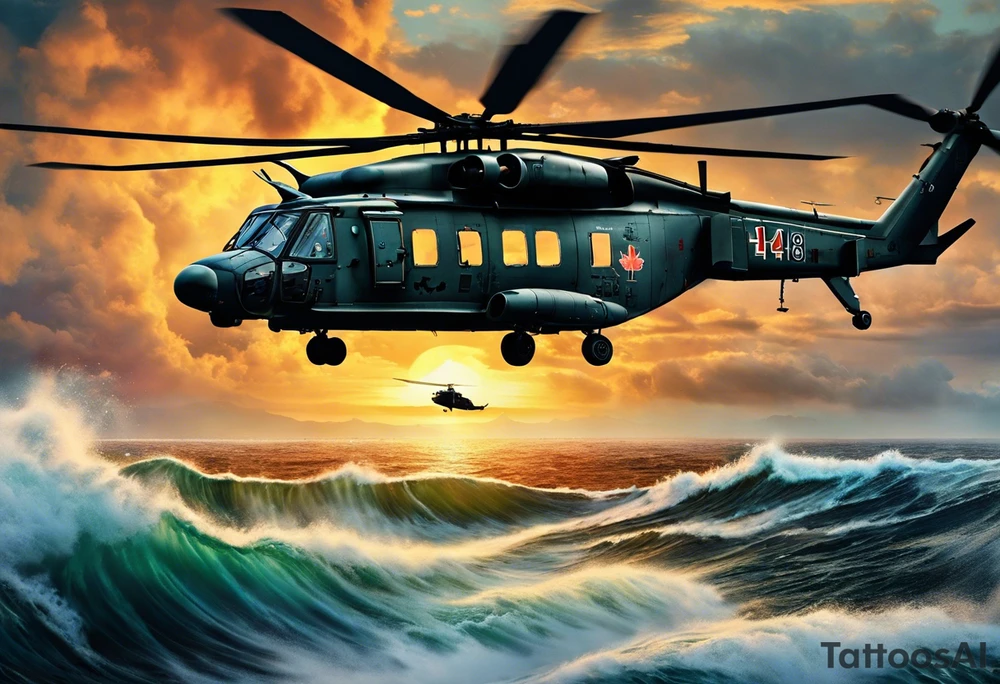 A cinematic-style tattoo depicting a Canadian military CH-148 Cyclone helicopter performing a daring maneuver over a turbulent ocean. The sky should be filled with dramatic clouds, and the sun should be setting, casting long shadows. The helicopter should be the main focus, with intricate details and a sense of motion. In the background, a poppy should be prominently displayed, and a quote from 'Lest We Forget' should be included, black and white tattoo idea