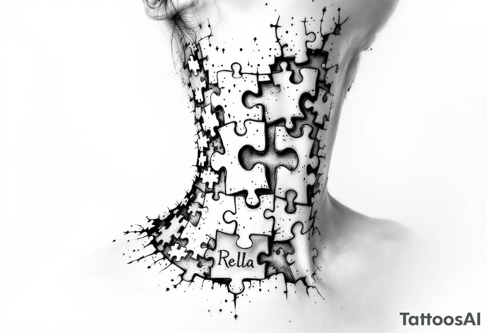 Puzzle piece tattoo on side of the neck  and have a missing piece on the side that says Rella on it. tattoo idea