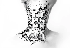 Puzzle piece tattoo on side of the neck  and have a missing piece on the side that says Rella on it. tattoo idea