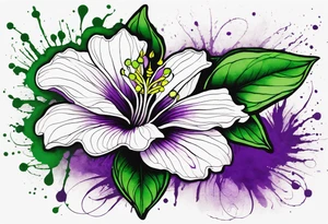 A mystical outline of a rio dipladenia flower with green/purple pedals and a green/purple watercolor splash in the background tattoo idea