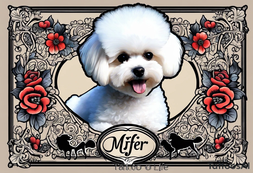 A white Bichon frise with a black pomeranian and a black poodle with the words “MFer For Life” tattoo idea