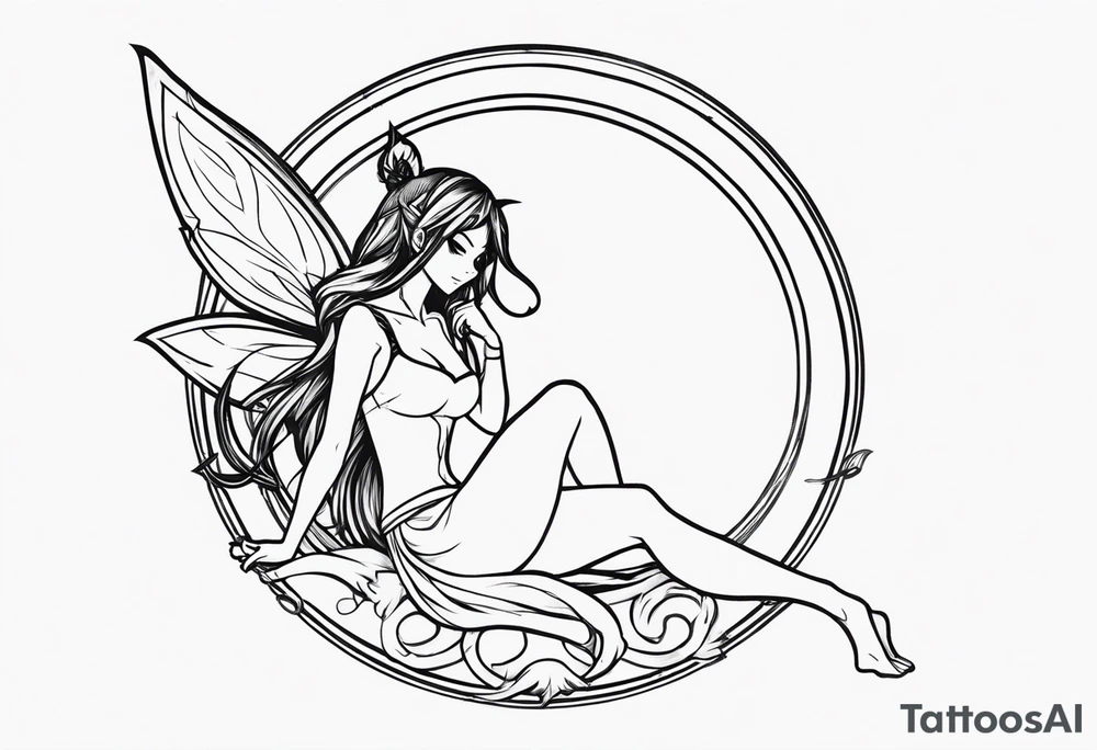 No color sketch of a fairy with a tail inspired by the guild symbol in the anime show called Fairy Tail in a fetal position leaning in and forward while crawled in tattoo idea