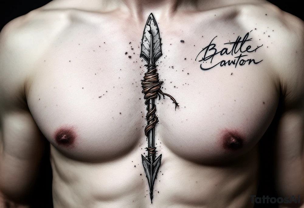 A battle-worn arrow with a chipped stone tip and faded leather wrapping, symbolizing resilience and survival. tattoo idea