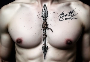 A battle-worn arrow with a chipped stone tip and faded leather wrapping, symbolizing resilience and survival. tattoo idea