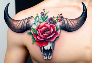 Buffalo or bison skull with flowers. Red Peony, snowdrop, green holly with red berries, purple larkspur,  red peony. Colour. For upper arm or shoulder. Masculin. tattoo idea