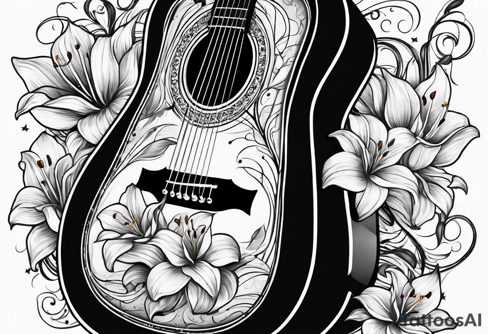 basic black acoustic guitar wrapped with lilies around the neck, with a simple black star on the guitar body. meant for the inside of a woman's bicep tattoo idea
