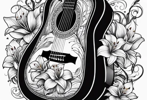 basic black acoustic guitar wrapped with lilies around the neck, with a simple black star on the guitar body. meant for the inside of a woman's bicep tattoo idea