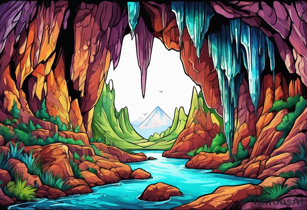 Colorful cave with stalactites and stalagmites tattoo idea
