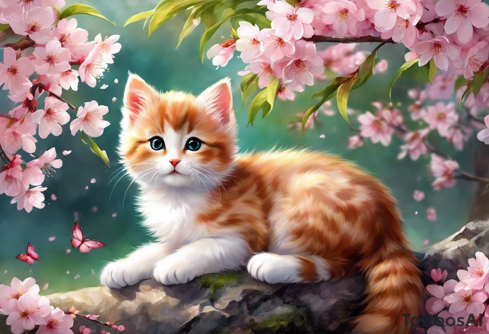 Generate a design where a graceful pink cherry blossom tree extends vertically, occupying the full height of 15cm, with delicate blossoms scattered along its slender branches coloured with a watercolor effect. Nestled among the branches, a small, playful kitten is perched, gazing curiously outward. The kitten's fur can have intricate details, highlighting its softness and playfulness. Surrounding the kitten and the tree, some petals could be gently falling, adding a dynamic and serene feel to the design. This vertical composition would elegantly fit your biceps, creating a charming and feminine piece of art. tattoo idea