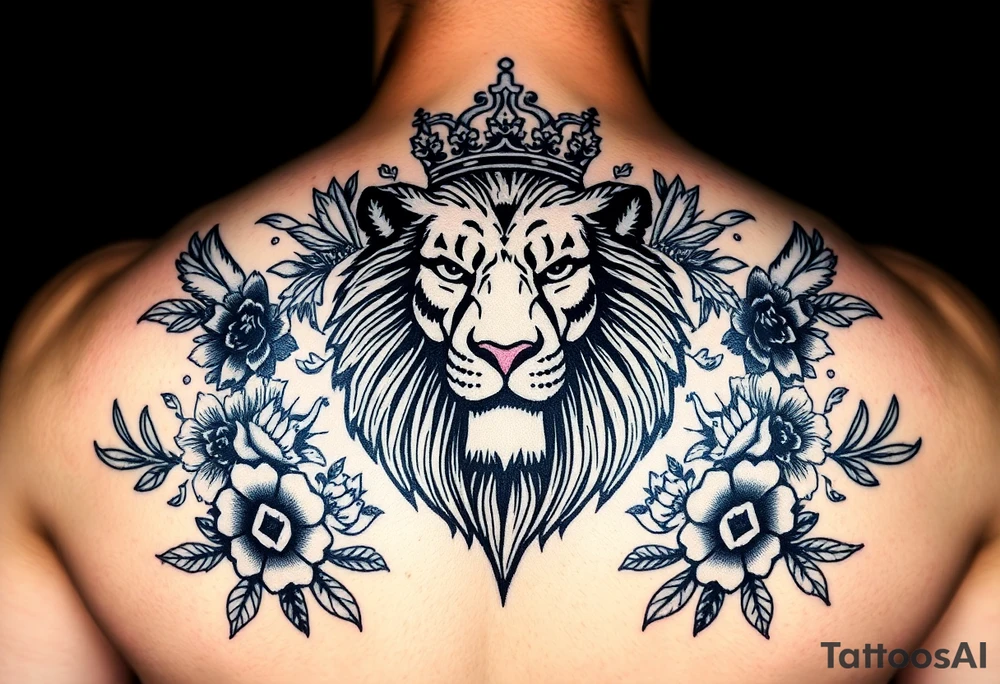 powerful majestic lion with a crown, surrounded by floral ornaments and birds tattoo idea