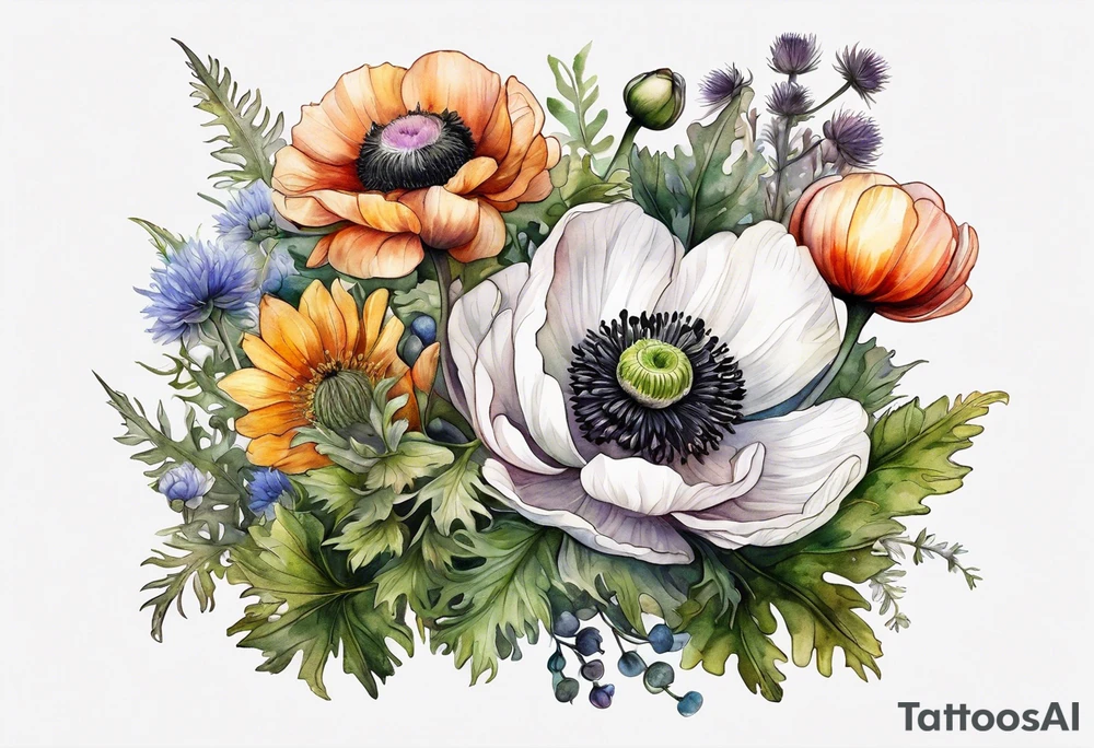 white anemone with black center in the middle of wildflowers with thistles, ferns, ranuculus, sun flowers, mixed color flowers and different shapes all in watercolor tattoo idea