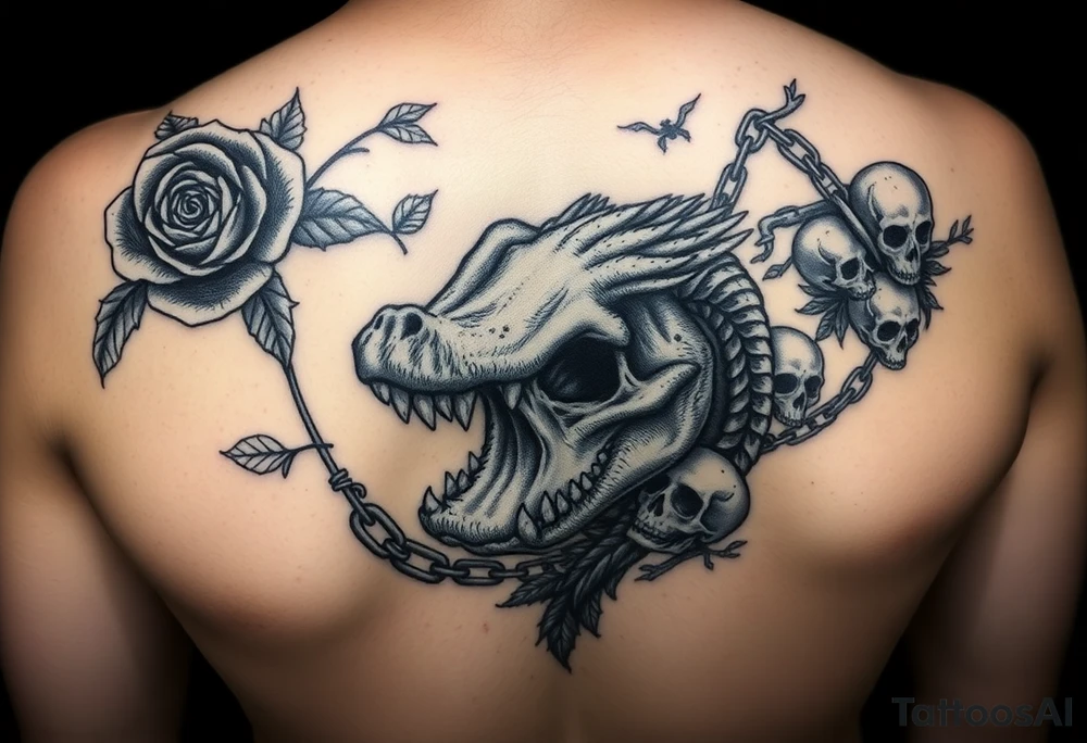 gothic fairy tale vibe we talked about: dark, thorny roses, skulls peeking through shadows, a bit of wild creature energy. Not perfect matches, but imagine tweaking 'em—rose from the eye, gator coiled like a guardian. This one's got that moody frame, vines creeping in—easy to swap in your Tudor rose and skull. Full-back chaos with skulls and chains... add the alligator jaws clamping down, and boom. tattoo idea