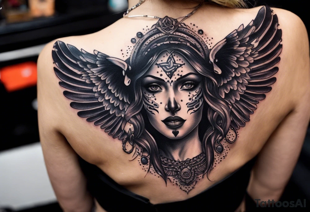 black kali, goddess pirate, alien, angel, pachamama, valkrye, warrior, flying, skull, lotus azul, wing, eagle, zenza resonance, stars, 5D, anahata chakra, death, durga, riding on a tiger, flying lady, chest tatoo tattoo idea