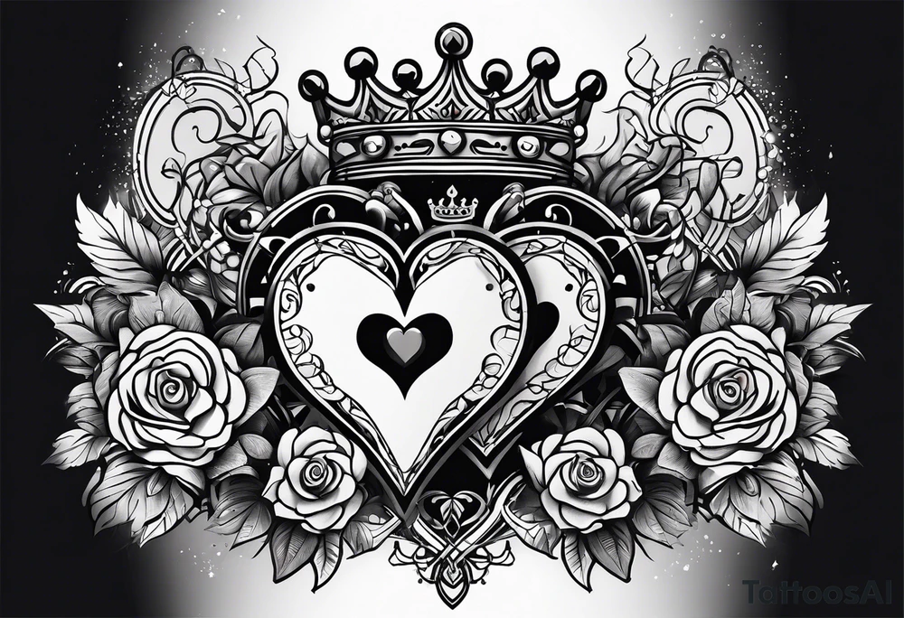 one combined tatto in minimalistic style with three king of spades and one queen of hearts tattoo idea