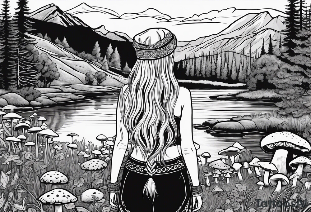 Whole picture encircled fully

Straight long blonde hair hippie girl in distance holding mushrooms in hand facing away toward mountains and creek surrounded by mushrooms long sleeve shirt and hiking pants; whole rendering within a full celtic circle border, no cut off circle tattoo idea