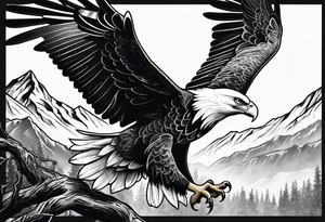 Eagle fighting a White Dove on a tree limb in the mountains tattoo idea