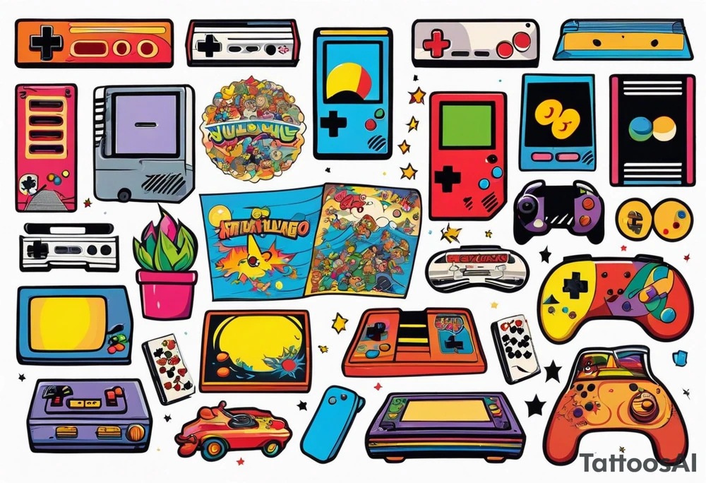 Sleeve containing 70s and 80s retro games tattoo idea