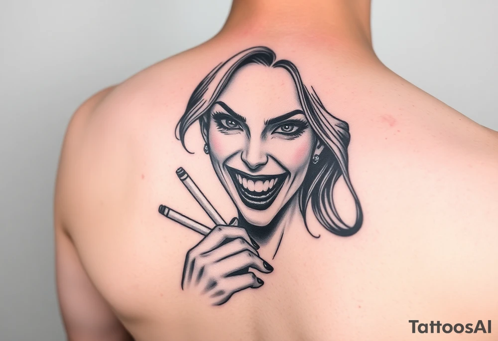 Evil smiling woman holding a cigarette tattoo idea