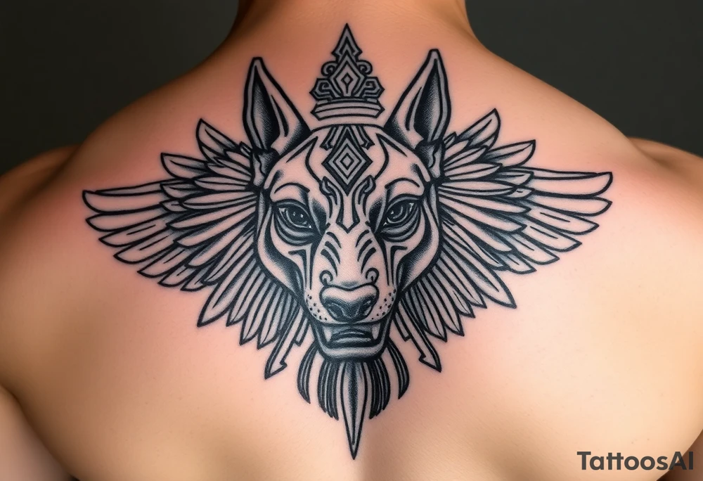 Egyptian Anubis god powerful face muscle in Egypt style dog face surrounded Egyptian symbols tattoo idea