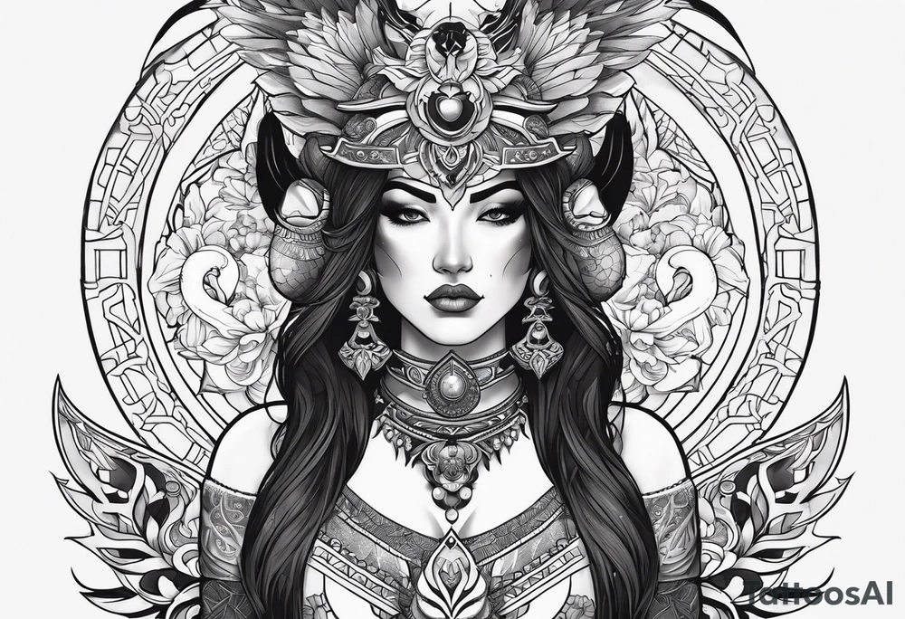 kali ma, alien goddess, valkrye, aries, pirate, divine feminine, zenza resonance, pachamama, lotus azul, blank panther, eagle, skull, 5D, nueva gaya, dna 12, left side chest tatoo tattoo idea