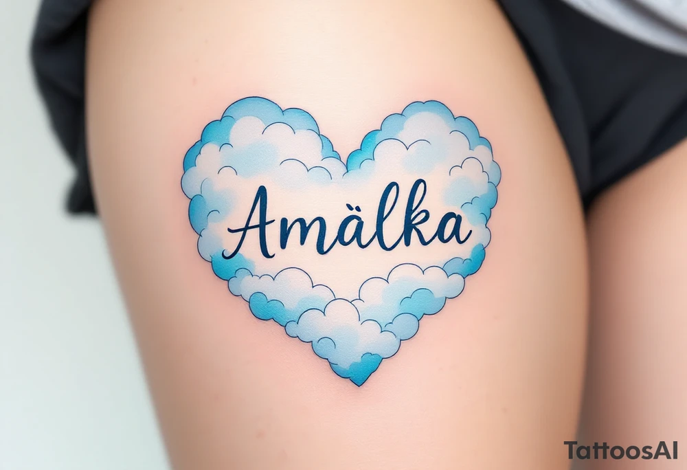 A heart shaped from soft clouds in baby blue, holding the name Amálka in gentle script. tattoo idea