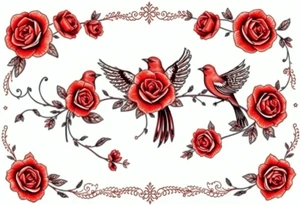 Vintage lace, red roses, red birds, vintage, wrap around, tighter together, no space open tattoo idea