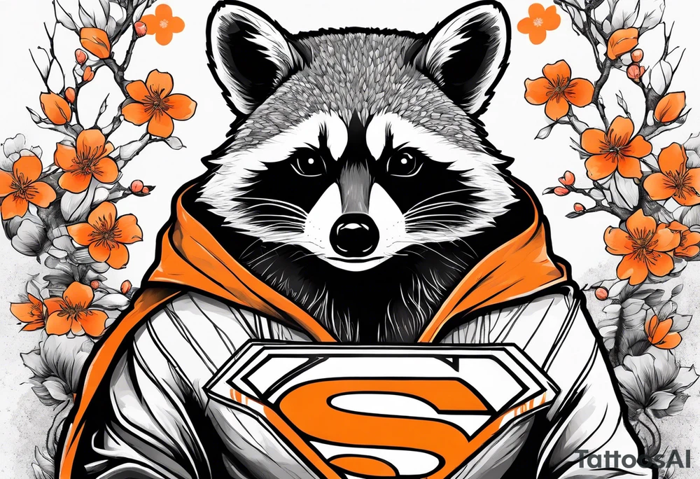 raccoon wearing a Superman hoodie with orange Japanese cherry blossoms tattoo idea