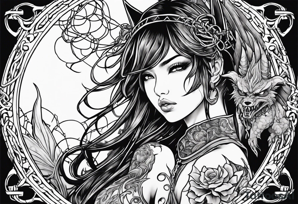 2 dimensional art of a bleeding anime girl surrounded by an asian gargoyle and barbed wire tattoo idea
