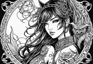 2 dimensional art of a bleeding anime girl surrounded by an asian gargoyle and barbed wire tattoo idea
