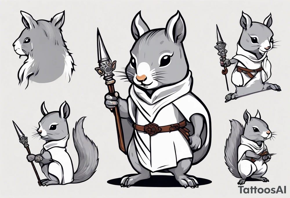 a grey squirrel dressed in a medieval tunic holding a silver unicorn horn spear tattoo idea